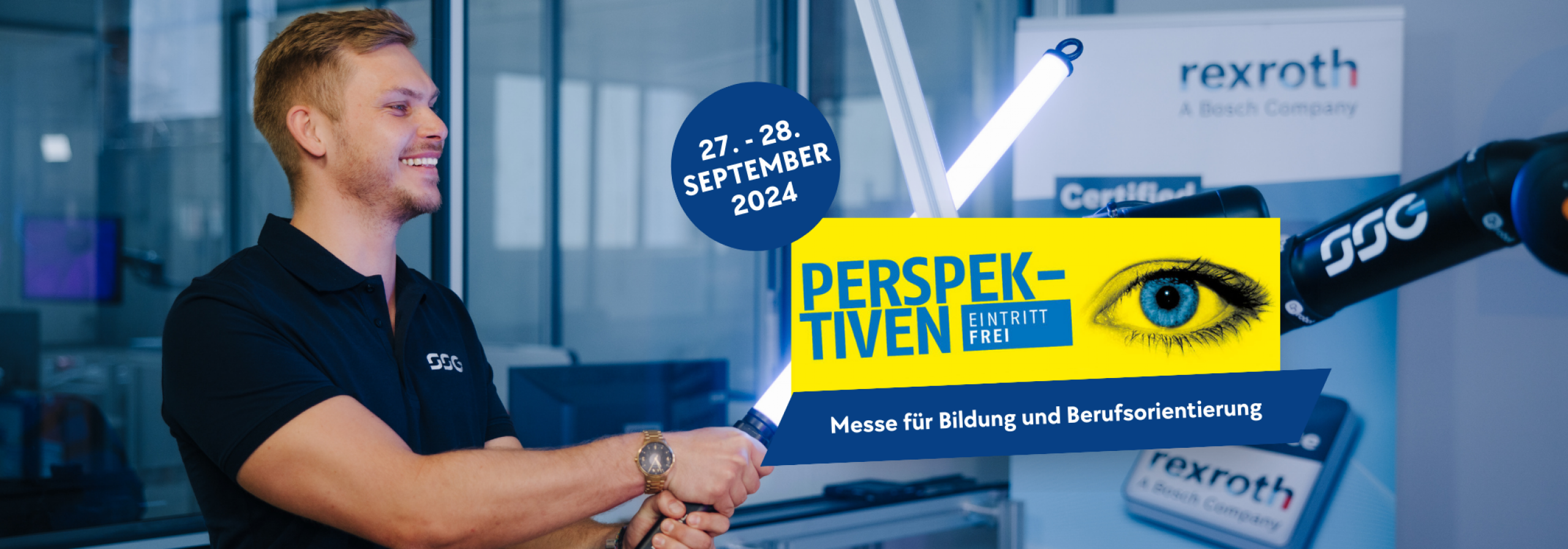 SSG Mitarbeiter wirbt für die Perspektiven Messe in Magdeburg vom 27. - 28. September 2024